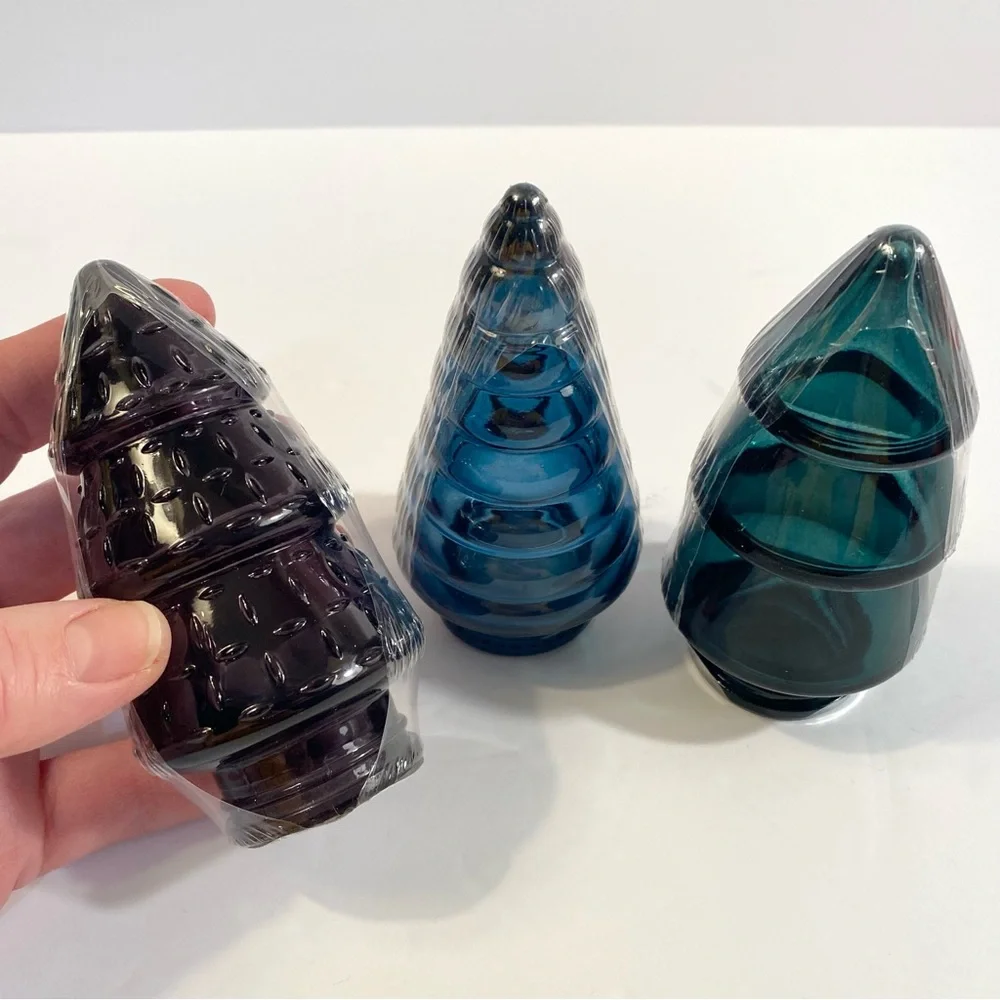 3 Target Bullseye 4” Mini Glass Christmas Trees Black Blue Green Holiday Decor